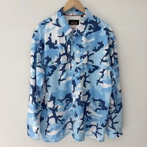 Orvis Mens Trout Bum Camo Vented Shirt XL Blue Fishing Angler Lightweight Button